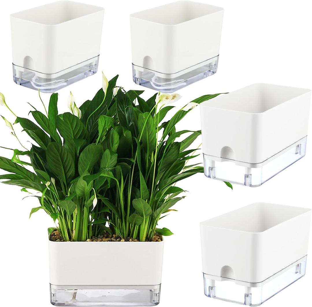 Planterhoma Self Watering Plant Pots for Indoor Plants 7/10 inch, 4 Packs Square Self-Watering Planters with Drainage Hole, White African Violet Pots for Devil's Ivy, Spider Plant, Orchid