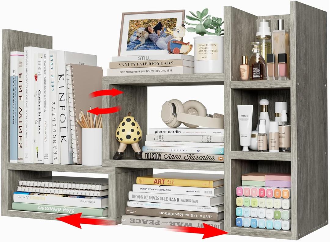 NUTIKAS Desk Shelves Desktop Orgnizer Shlef - Grey Office Organization for Top of Desk Organizers and Accessories Corner Bookshelf Table Top Shelving Small Hutch Decorations for Office