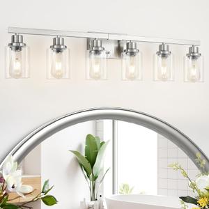 Bathroom Vanity Light, 6-Light Nickel Modern Matte Wall Sconce Lighting with Clear Glass Shade, Wall Lights,Bath Vintage Wall Mounted Lamps for Mirror Bedroom Living Room