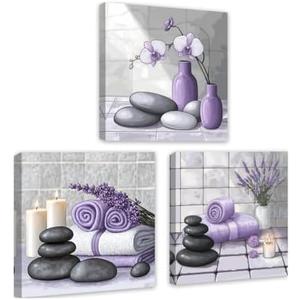DOARTDO 3 Piece Canvas Wall Art Zen Spa Themed Bathroom Wall Decor Zen Stones Painting with Candles Towels Lavender Orchids Prints Home Office Decor Framed (Purple, (12"x12"x3 Pieces))