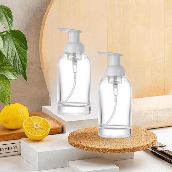 13oz Refillable Foaming Shower Soap Dispenser Funel 2pcs Foaming Soap Dispenser Glass Clear Foam Pump Bottles for Bathroom and Kitchen- (375mL Foam Hand Pump Glass Bottle)