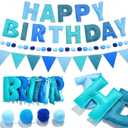 Pre-Strung Happy Birthday Banner Felt Ball Happy Birthday Garland Blue Birthdays Decorations Bunting String Triangle Flags Navy Blue Pennant Banners Photo Booth Party Supplies for Women Men
