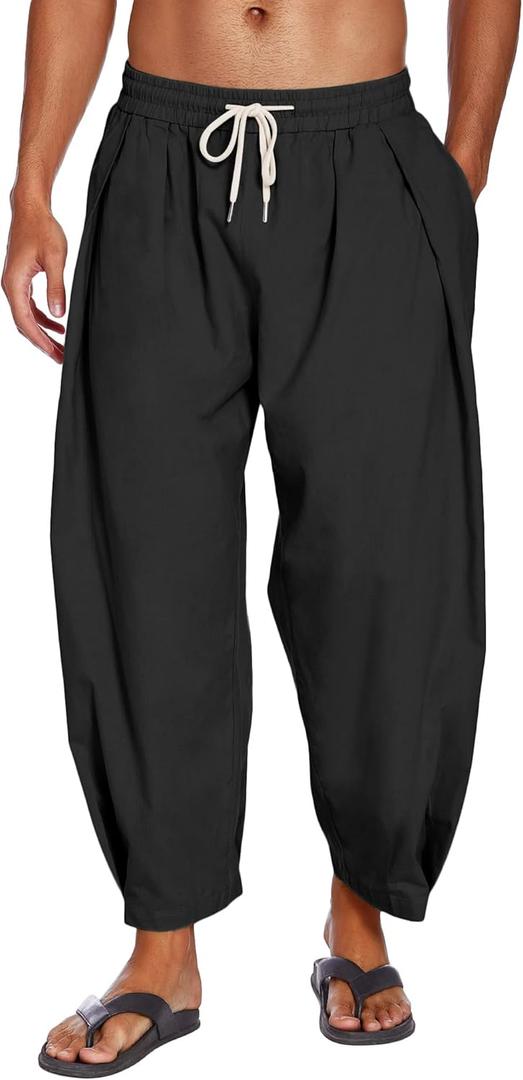 COOFANDY Men's Cotton Linen Harem Pants Drawstring Casual Cropped Trousers Lightweight Loose Beach Yoga Pants with Pockets (S, Black)