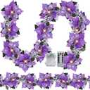 Zubebe 2 Pcs Prelit Poinsettia Christmas Garland with String Lights Glitter Holly Leaves Berries Remote Timer 8 Modes 6.5 ft Lighted Flower Garland Battery Operated Indoor Outdoor Decor (Purple)