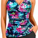 Womens Tankini Swimsuits with Shorts - Two Piece Tummy Control Bathing Suits Top with Two Pockets Swim Bottom M