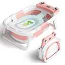 Baby Bathtub, Collapsible Newborn Bathtub for Infant to Toddler 0-24 Months with Soft Cushion and Thermometer,Portable Travel Newborn Tub with No-Slip Feet, Baby Shower Gifts,Pink