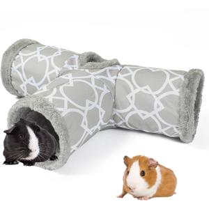 LUCKITTY Plush Inside 3-Way Shape Small Animals Tube Tunnel with Interactive Ball for Guinea Pig, Hamster, Chinchilla, Hedgehog Hiding and Resting, Geometric Grey, L
