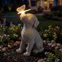 Lyeasw Dog Solar Statues with Butterfly - Waterproof Gray Dog Garden Decor for Patio, Yard, Porch- Cute Puppy Figurines with Solar LED Lights for Outdoor Decor, Pet Memorial Gift