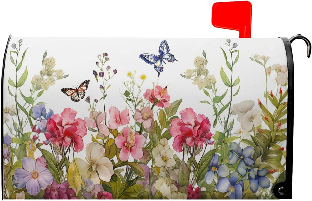 Spring Welcome Mailbox Cover Magnetic Colorful Flowers Butterfly Mailbox Cover Standard Size 25.5 x 21 Inch Summer Floral Holiday Mailbox Wrap Post Letter Box Cover Decorative for Home Outdoor Garden