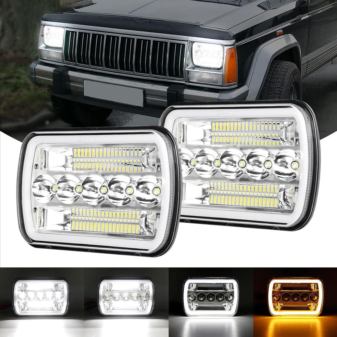 BESTZHEYU 2PCS 5x7 Headlights Pair Compatible with Chevy Express 1500 2500 3500 Cargo Van F-150 F-250 F-350 Wrangler YJ Cherokee XJ Kenworth T300 Hi/Low Sealed Beam White/Amber Halo