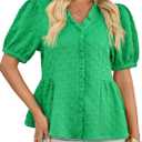 Cicy Bell Womens Peplum Puff Sleeve Tops Dressy Casual Summer Textured Blouses V Neck Ruffle Pleated Shirts Green (Green, M)
