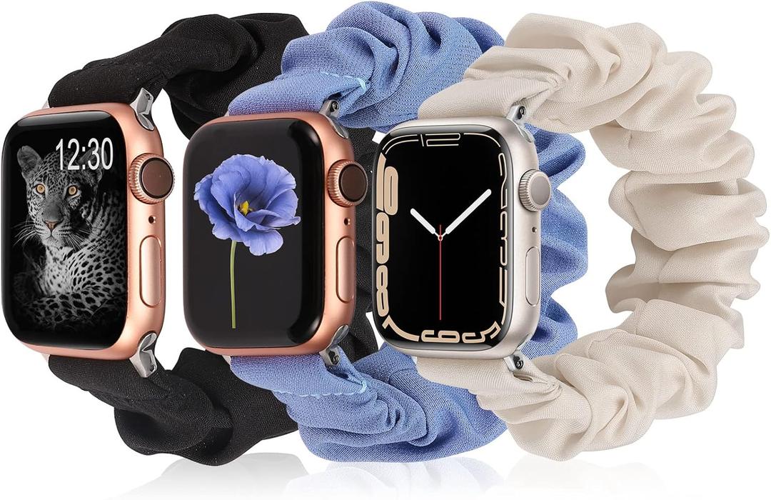 TOYOUTHS 3 PCS Compatible with Apple Watch Band Scrunchies 41mm 40mm 38mm Cloth Soft Pattern Printed Fabric Wristband Bracelet Women IWatch Elastic Bands Series SE 10 9 8 7 6 5 4 3 2 1, S/M (Starlight/Black/Blue)