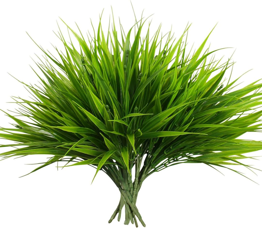 alyptus Artificial Grass Outdoor 12 Bundles Fake Plants Outside Green Onion Faux Greenery Shrubs for Front Porch Planters Pot Dcor for Outdoors (Grass)