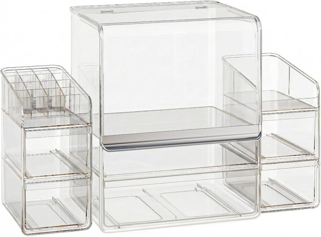 Makeup Organizer for Vanity With Lid, Stackable Cosmetics Organizer and Storage,Dustproof Clear Acrylic Makeup Organizer (Large + Drawer box + Lipstick Organizer) (Upgraded version)