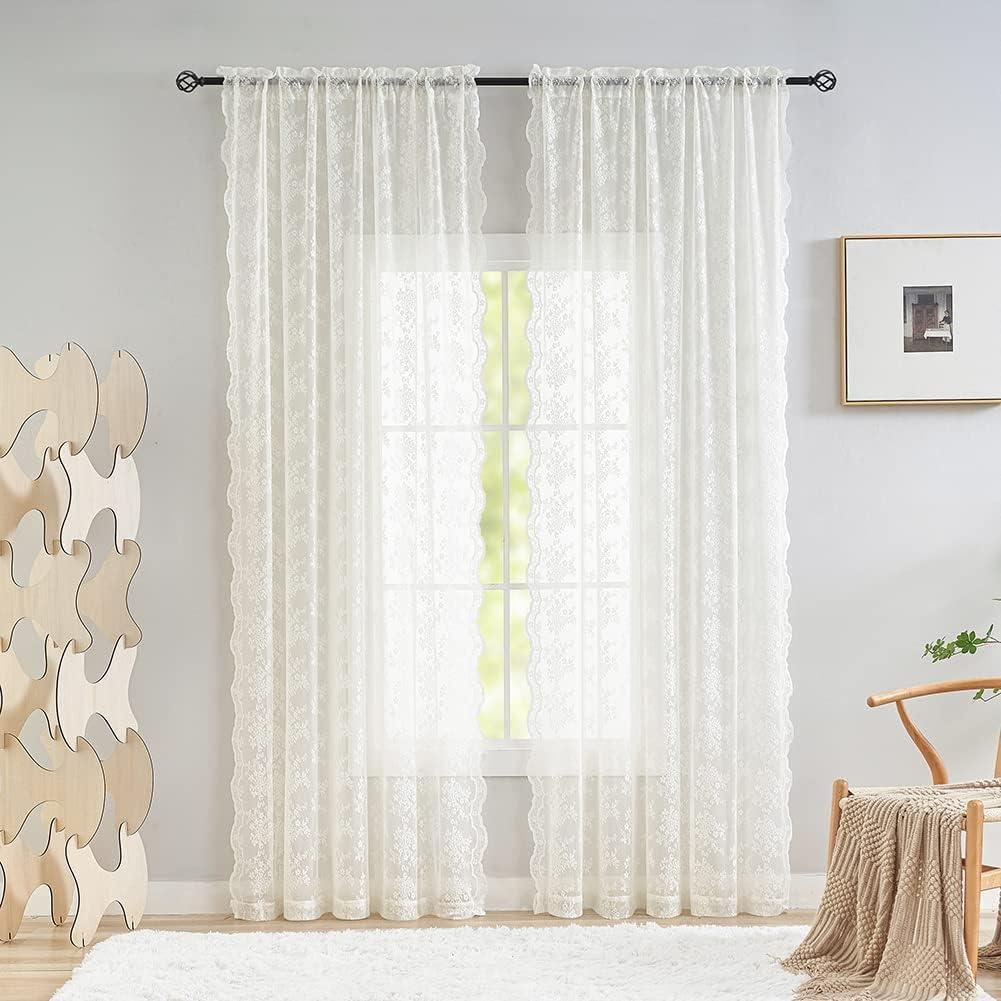 YJ YANJUN Vintage Lace Curtains 108 inches Long 2 Panels Set French Country Shabby Chic Floral Sheer Curtains for Living Room Window Light Filtering Rod Pocket 52W x 108L Ivory