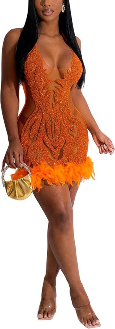 TIFIYA Women's Girls Party Dress Stylish Sexy Sparkly Rhinestone Evening Dress Wedding Guest Clubwear (Ta003-10-Orange), XL