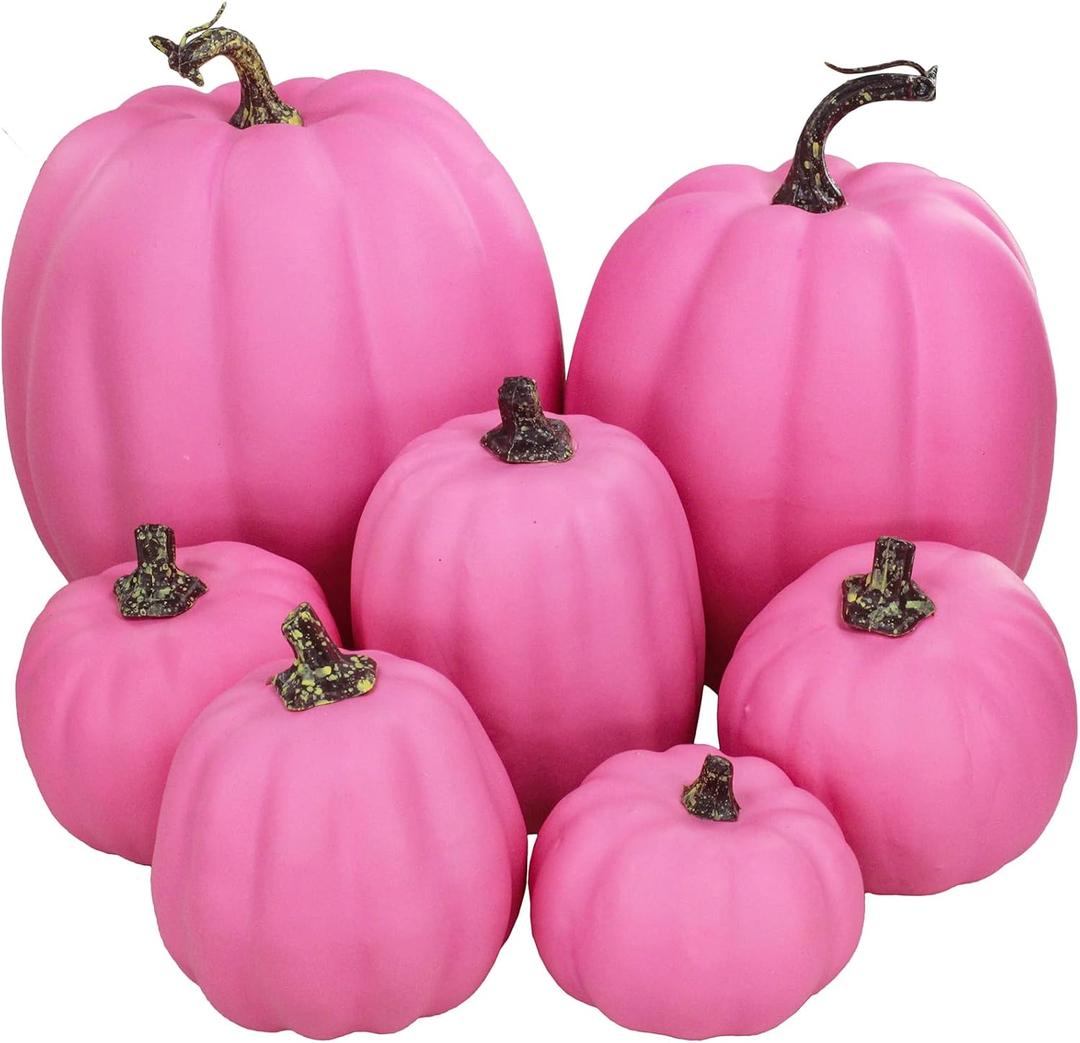 7 Pcs Assorted Sizes Hot Pink Artificial Pumpkins Fall Decorative Pumpkins Deep Pink Foam Pumpkins for Gifts Fall Halloween Thanksgiving Wedding Baby Shower Farmhouse Table Centerpiece Mantel Decor