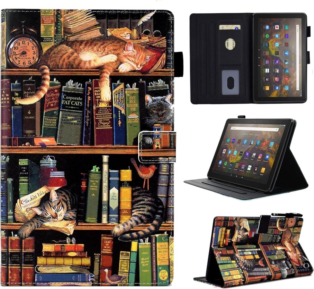 Case for Fire HD 8 & Fire HD 8 Plus Tablet (12th Generation/10th Generation, 2024/2022/2020 Release), Premium PU Leather Folio Stand Cover Case with Auto Wake/Sleep, Bookshelf Cat