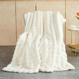 Fluffy Blanket White - Soft Throw Blanket for Couch, Fuzzy Plush Rabbit Faux Fur Blanket, Cute Cozy Blankets for Women, Thick Bubble Blankets for Bed Sofa Bedroom Living Room - 51" x 63"