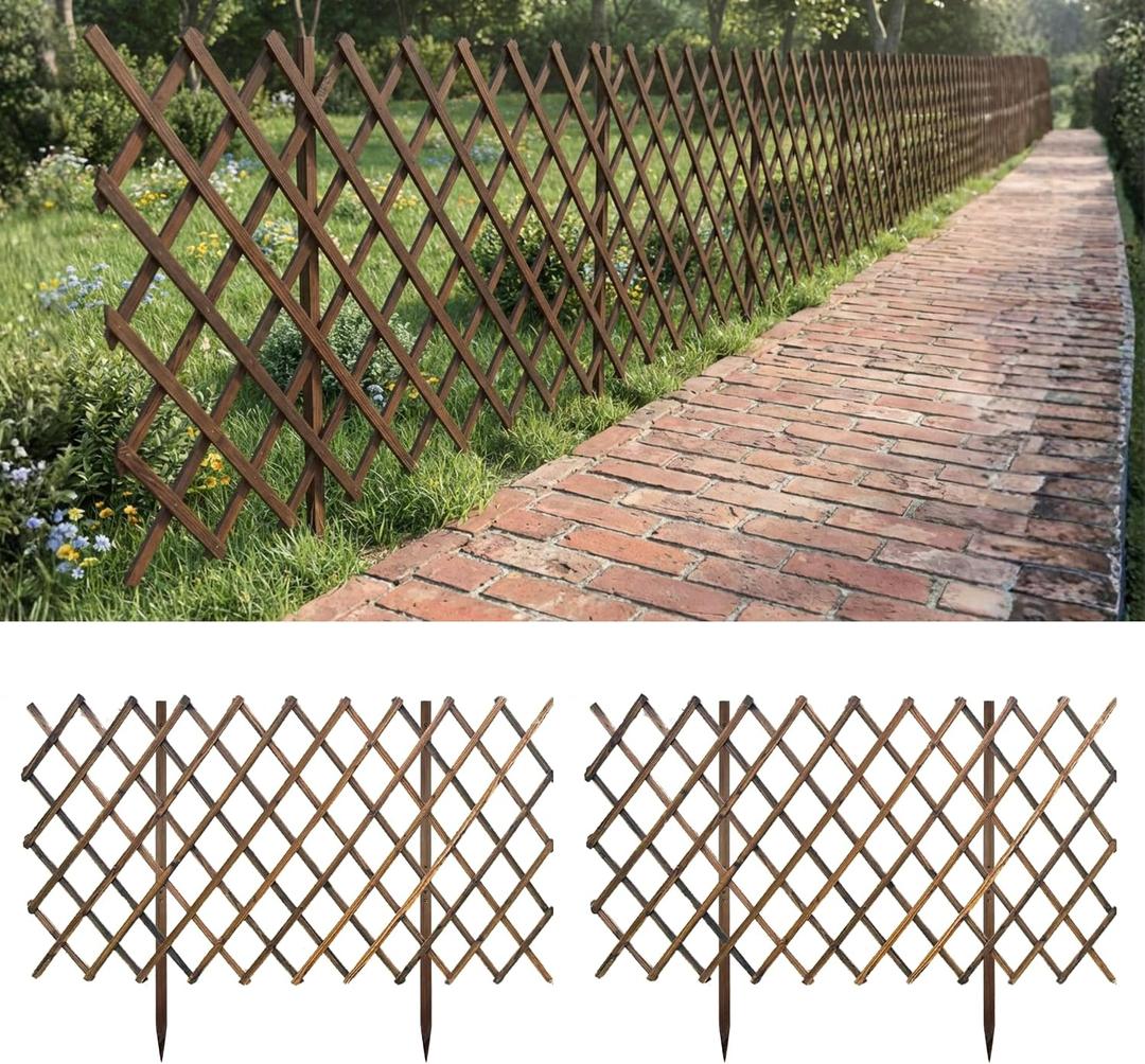ShopLaLa Garden Fence (2 Pack, Total 12ft) Expandable Wooden Lattice Panels for Climbing Plant, Decorative Wood Support Trellis Flower Bed Edging Animal Barrier Yard Lawn Landscape Patio Outdoor Decor