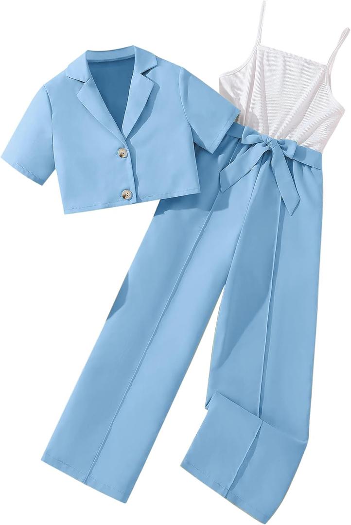 Hilinker Girl's 2 Piece Outfits Short Sleeve Blazer Belted Wide Leg Sleeveless Jumpsuit Sets