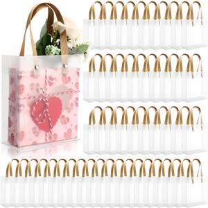 Qilery Clear Frosted Gift Bags with Handles, 5.9 x 5.1 x 2.36 Inches Small Transparent Party Favor Bag Plastic Goodie Bags for Mother's Day Wedding Baby Shower Birthday Graduation DIY(50,Brown)