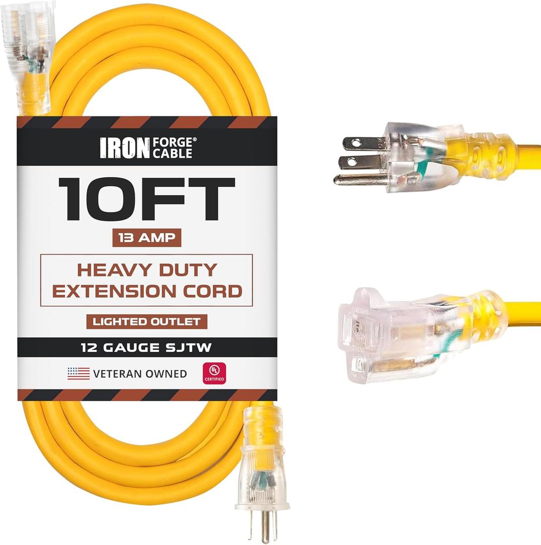 Iron Forge Cable 10 Foot Lighted Outdoor Extension Cord - 12/3 SJTW Heavy Duty Yellow Extension Cable with 3 Prong 15 AMP Grounded Plug for Safety