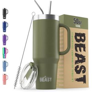 Beast 50 oz Tumbler with Handle Stainless Steel Vacuum Insulated Coffee Ice Cup Double Wall Travel Flask (Army Green)