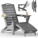 Folding Adirondack Chair with Retractable Ottoman, Weather Resistant Fire Pit Chair Patio Chair with 2 Cup Holder Lawn Outdoor Lounge Chair (Grey)