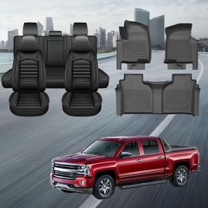 TTX LIGHTING Seat Covers & Floor Mats for 2020-2026 Chevy Silverado GMC Sierra 1500 2500HD 3500HD Trail Boss Z71 Crew Double Cab Waterproof Leather 5 Seat Covers and Matching Floor Mats (Black)