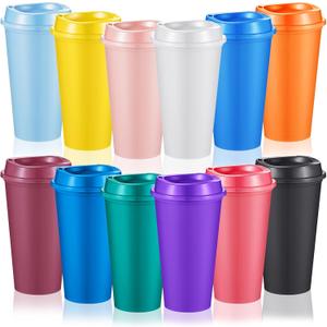 12 Pcs Reusable Coffee Cups with Lids 16 oz Travel Hot Cups Microwavable Plastic Tumblers Coffee Mugs Party Birthdays Gifts Adult for Hot and Cold Drinks Favors (Bright Colors)