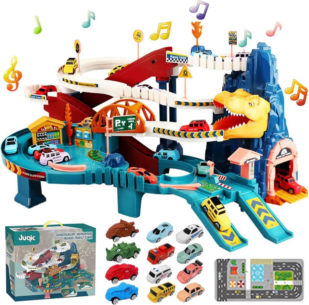 Toy Car Ramp Track Dinosaur Climbing Hills Railcar Colorful Vehicles Construction Play Set with 12 Mini Racer Cars and Track for Preschool Gifts Kids Ages 3 Years and Older (Dinosaur Hill)