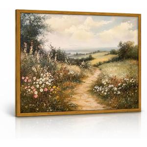 Framed Countryside Landscape Canvas Wall Art Print farmhouse Wildflower Meadow Poster Image Vintage Style Farmhouse Artwork for Gallery or Living Room Decor 16x24 Inch Ready to Hang