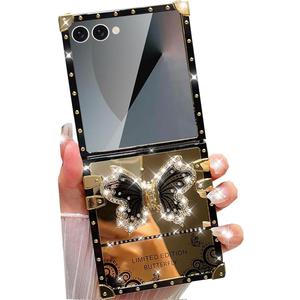 Changjia for Samsung Galaxy Z Flip 7 5G Glitter Kickstand Case,Cute Luxury Bling Sparkly Diamond Butterfly with Foldable Stand Mirror Back Elegant Shockproof Women Girls Case for Galaxy Z Flip 7,Black
