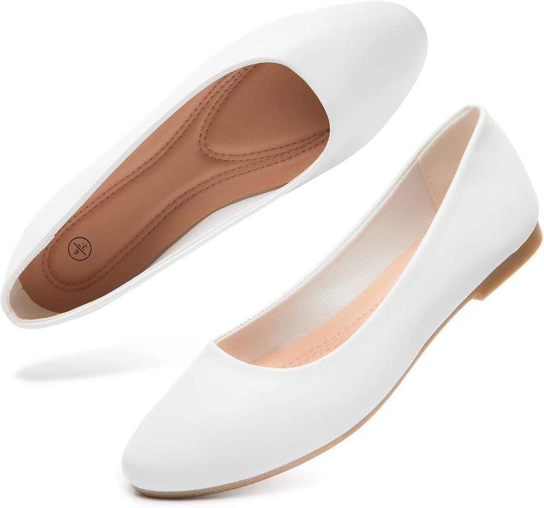Hash Bubbie Women's Flats Shoes Ballet Flats Dress Shoes Comfortable PU Leather Slip on Shoes for Women (9.5, White)