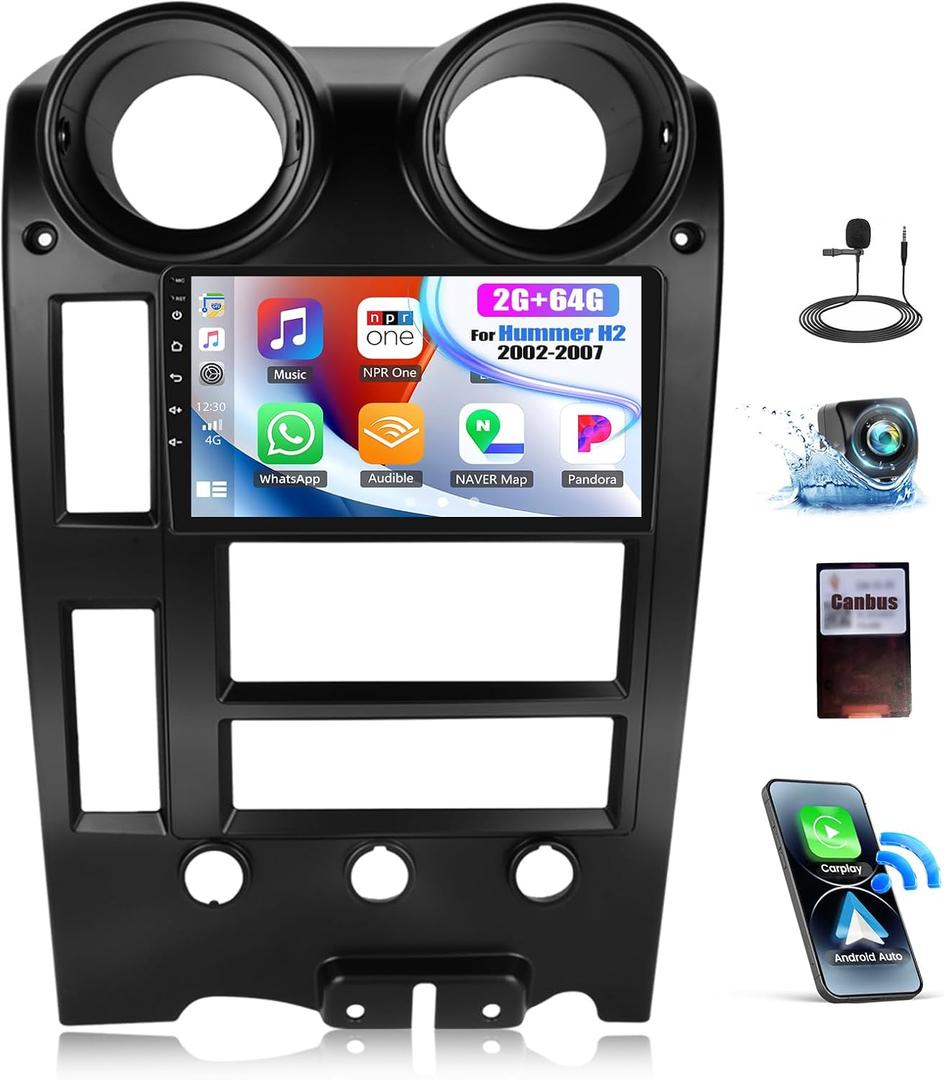 2+64G Android 15 Car Stereo for Hummer H2 2002-2007 with Wireless Carplay Android Auto,9" Touchscreen Car Radio with WiFi GPS Mirror Link Bluetooth EQ FM RDS SWC