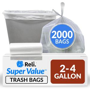 Reli. 2-4 Gallon Trash Bags | 2000 Bags | Clear | Bathroom | Strong | Garbage