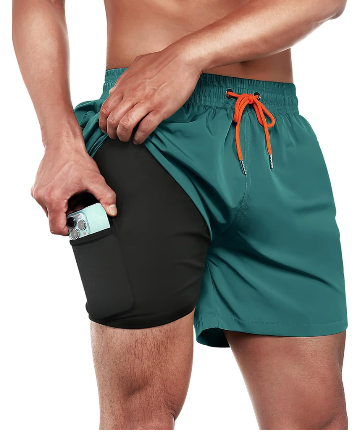 BRISIRA Mens Swim Trunks Swim Shorts Quick Dry 5 inch Inseam Beach Shorts with Compression Liner and Zipper Pocket, Blue, Size 32