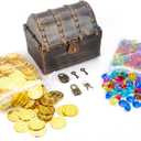 Treasure Chest for Kids Prizes,Plastic Treasure Chest with 288 Treasure Gold Coins and Gems,Jewels- Perfect for Pirate Themed Parties and Games