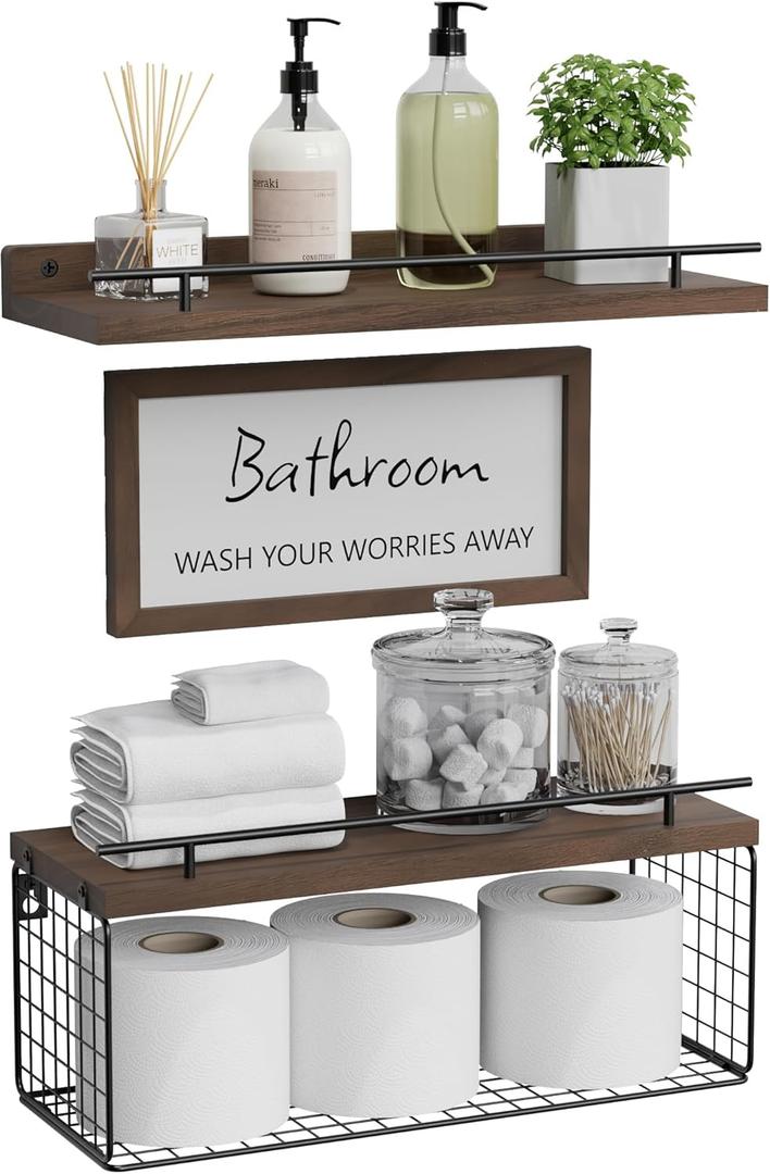 WOPITUES Floating Shelves for Wall Decor Sign, Bathroom Organizers and Storage, Bathroom Shelves Over Toilet with Metal Guardrail-Rustic Brown