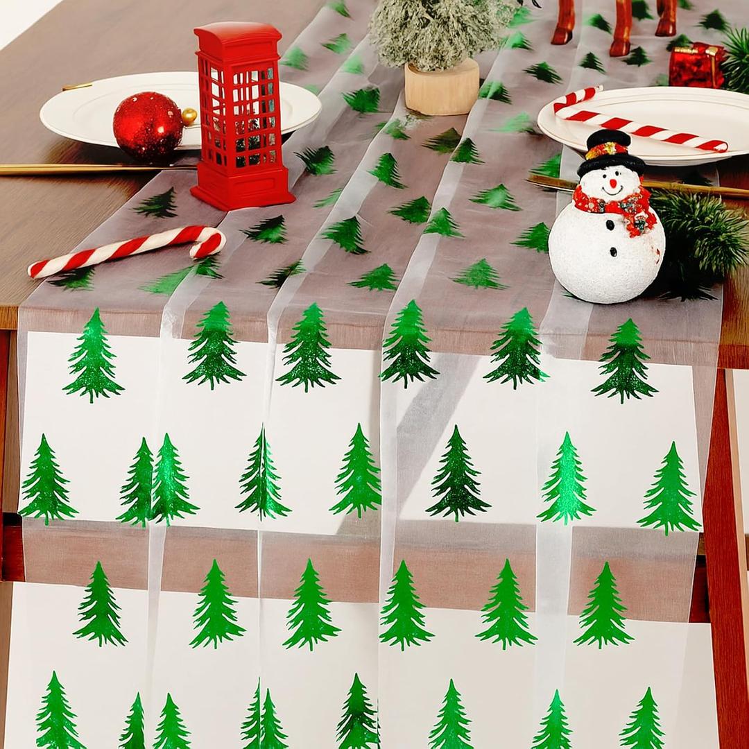 Tenceur Silver Green Xmas Tree Christmas Table Runner Tulle Runner 120 Inch 10ft Winter Festival Holiday Kitchen Dining Table Decoration for Home Party Indoor