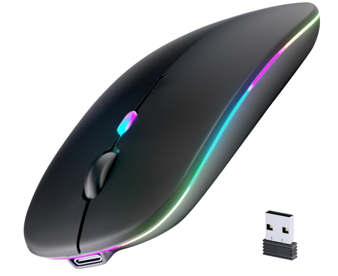 Wireless Bluetooth Mouse, Rechargeable, LED, Silent, Ultrathin Design (Bluetooth 5.2 and 2.4GHz USB Receiver) | Portable Computer Mouse for Laptops, iPads, MacBooks and Apple Devices (Black)