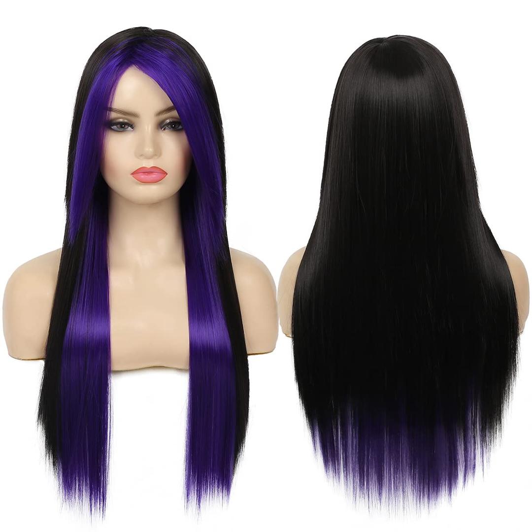 Baruisi Long Purple Black Wig Silky Straight Synthetic Heat Resistant Side Bangs Halloween Costume Hair Wigs for Women Girls