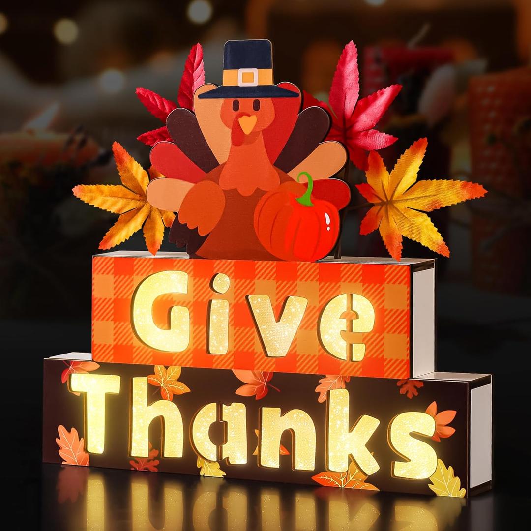 Happy Thanksgiving Sign, Fall Thanksgiving Wooden Block Sign with Led Lights for Indoor Table Mantle Decor