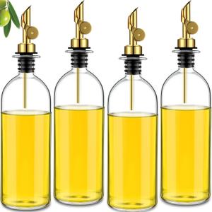 Thenshop 4 Pcs Oil Dispenser with Metal Pour Clear Mouthwash Glass Coffee Syrup Gold Olive Oil Dispenser Bottle for Kitchen Cooking Vinegar with Weighted Pourer Spout(16.9 oz)
