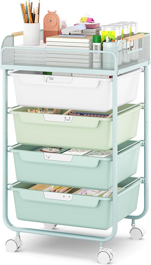 SYKIARIOL Rolling Utility Storage Cart with 4 Drawers - 4 Tiers Rolling Cart Craft Cart, Storage Drawer Cart Organizer for Craft Room Office Bedroom Classroom with Mesh Top & 4 PCS DIY Lable, Green