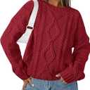 BTFBM Casual Women Long Sleeve Sweater 2026 Fall Ribbed Knit Pullover Loose Crewneck Cable Sweater Jumper Tops (Small, Wine Red)