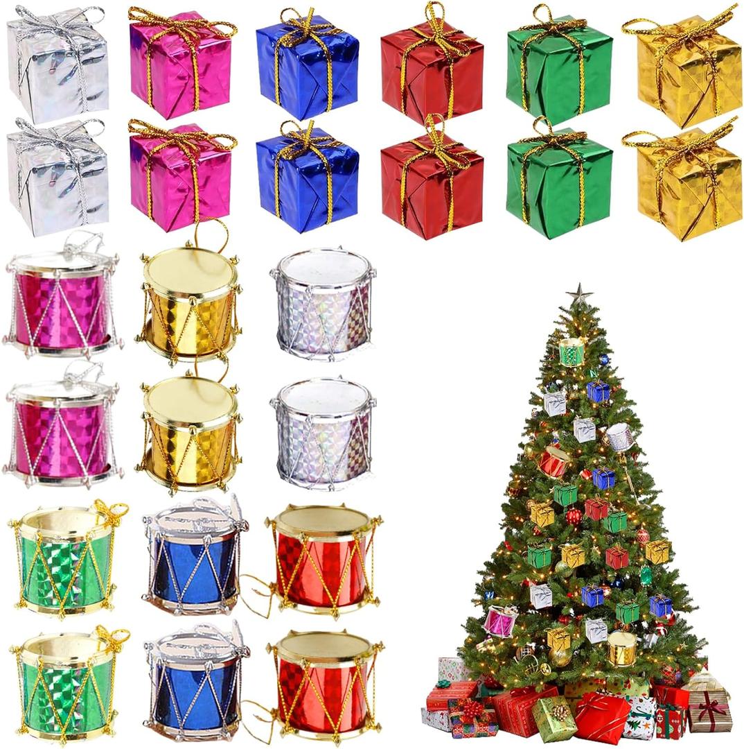 96 Pcs Christmas Shiny Mini Boxes Ornaments Metallic Foil Wrapped Gift Boutique Ornaments Assorted Colors Miniature Gift Boxes and Glitter Drum for Christmas Tree Holiday Party Hanging Decorations