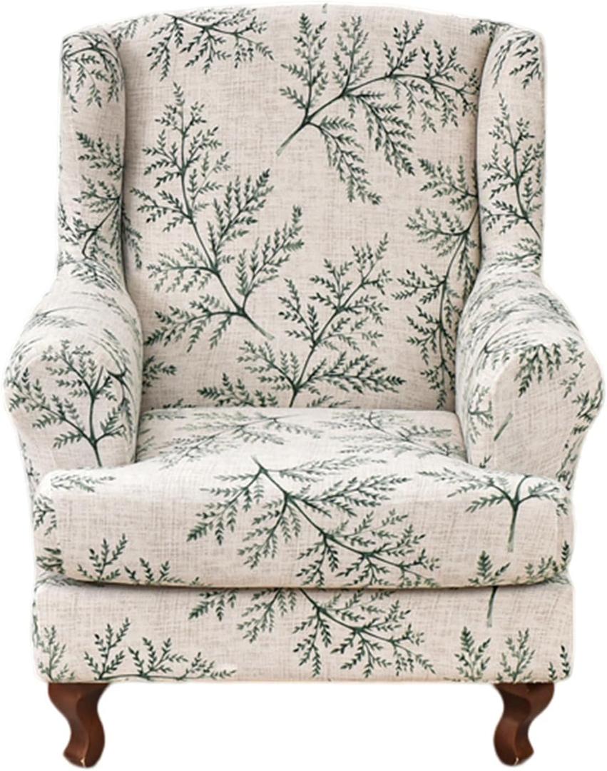 KRFOONN Stretch Wing Chair Slipcovers Printed 2 Piece Wingback Chair Covers Soft Spandex Wingback Armchair Slipcover Furniture Protector Chair Covers for Living Room Wingback Chair, T1