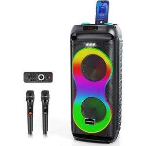 HUABAO Bluetooth Karaoke Speaker with 2 Wireless Microphones 40W Portable PA System with LED Lights, TWS Pairing, 6.5 Dual Woofers, Rolling Wheels, Rechargeable Battery - for Party/Home/Outdoor